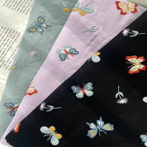 田园风棉麻厚刺绣蝴蝶沙发抱枕套盖布桌布半帘窗帘服装面料