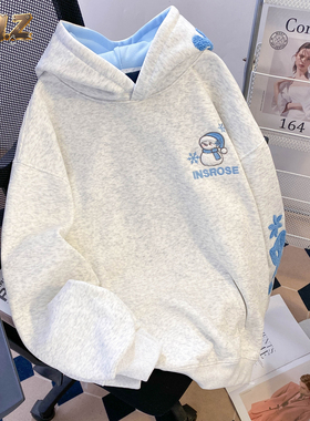 ZM.Z国潮牌圣诞雪花字母刺绣连帽衫卫衣男女秋冬加绒加厚宽松外套