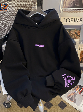 ZM.Z美式字母刺绣小火苗连帽卫衣男秋冬百搭宽松加绒加厚情侣外套