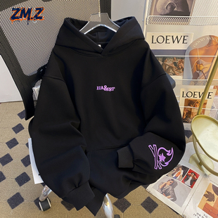 ZM.Z美式字母刺绣小火苗连帽卫衣男秋冬百搭宽松加绒加厚情侣外套