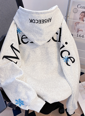 ZM.Z2026新款美式字母雪花刺绣宽松型百搭连帽衫加绒套头情侣卫衣