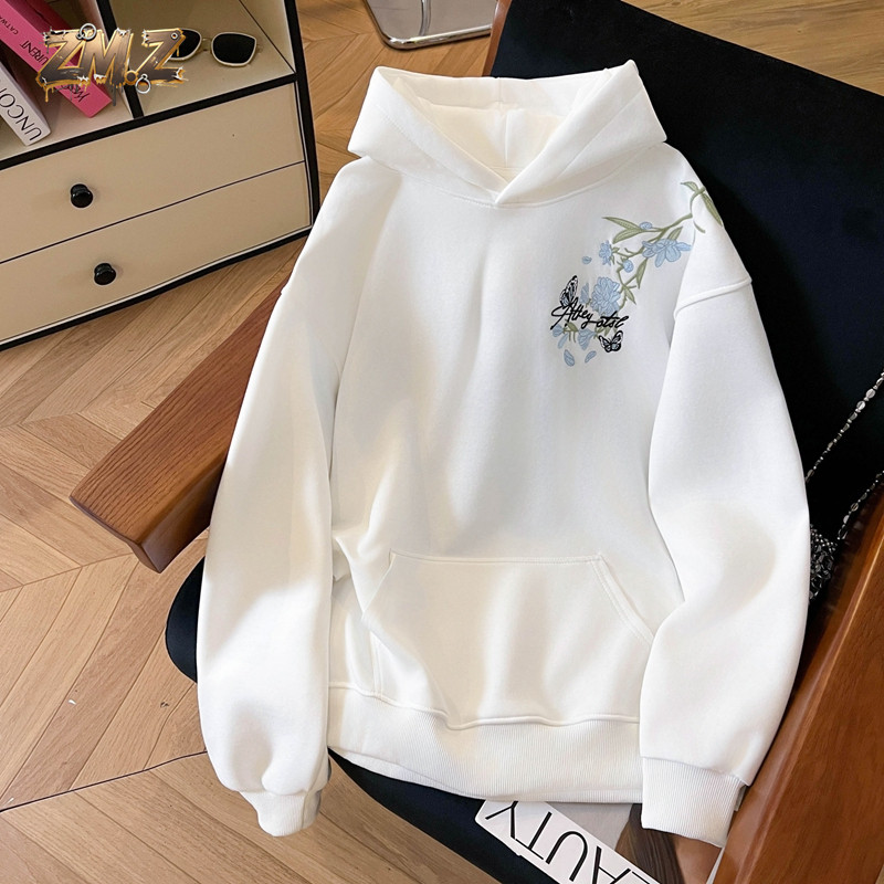 ZM.Z秋冬新款国潮花卉刺绣连帽卫衣男女大码加绒加厚情侣装上衣服