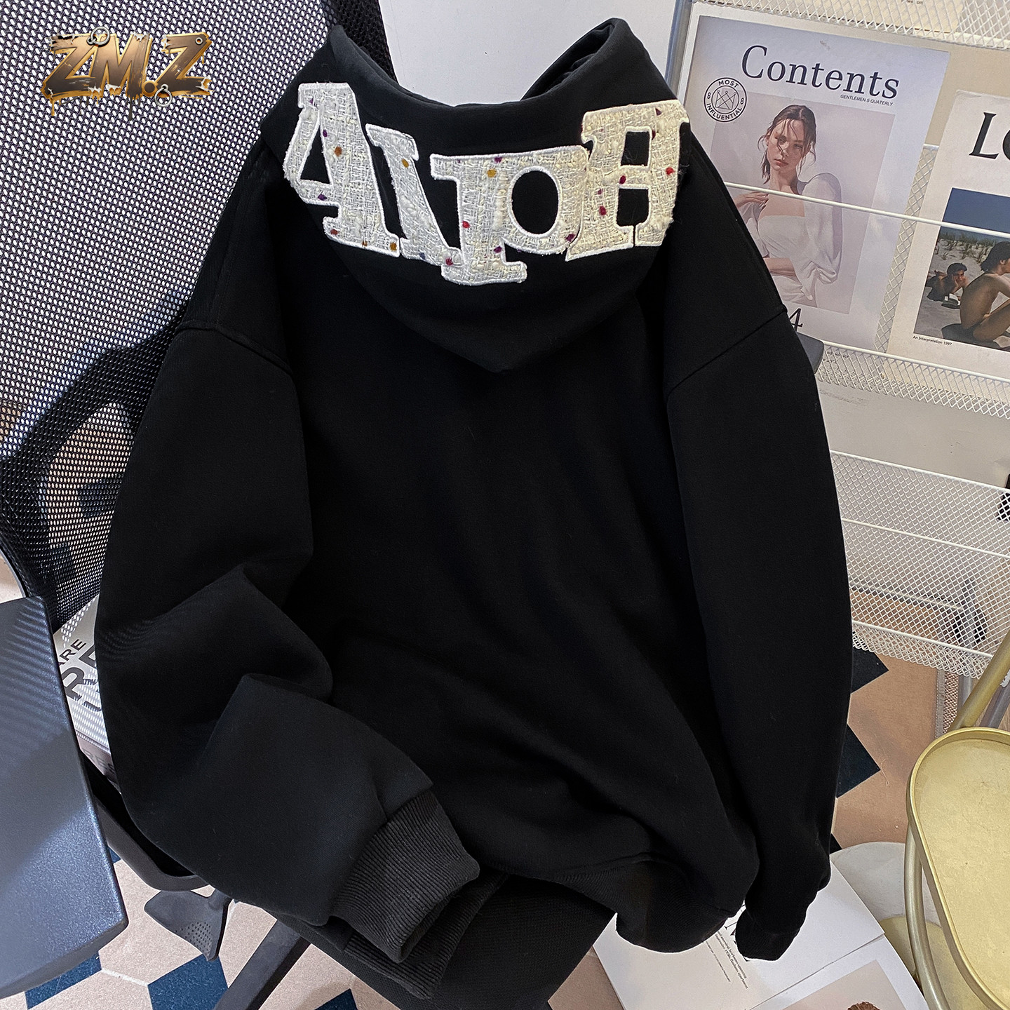 ZM.Z美式复古字母刺绣连帽卫衣男宽松慵懒风黑色休闲国潮套头上衣