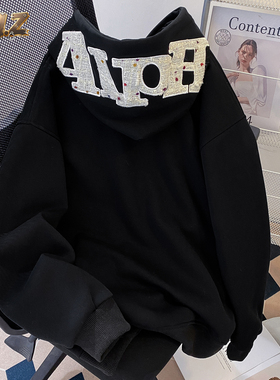 ZM.Z美式复古字母刺绣连帽卫衣男宽松慵懒风黑色休闲国潮套头上衣