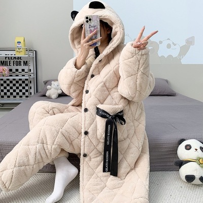 三层夹棉袄法兰绒珊瑚绒睡衣女秋冬季可外穿加绒加厚保暖超厚睡袍