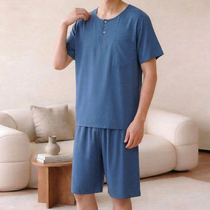 韩版印花男士短袖短裤大码睡衣宽松男生家居服棉绸睡衣夏睡裤套装