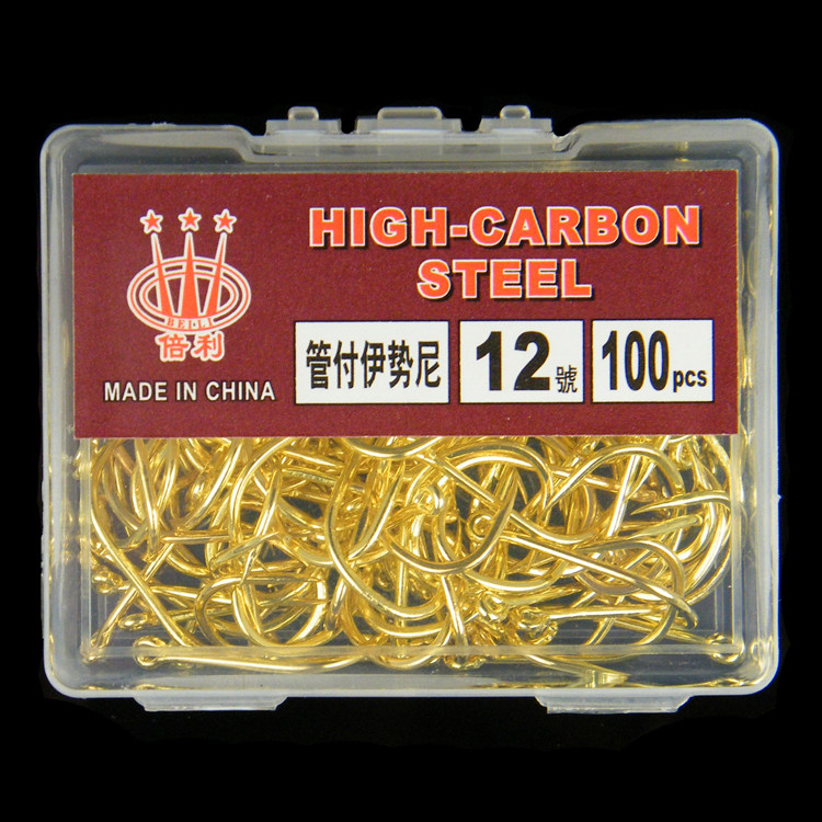 100枚盒装金色带圈伊势尼鱼钩管付有倒刺高碳钢锋利海钓钩