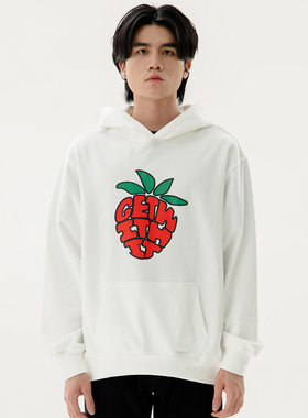 GETWITHIT草莓字母发泡印花卫衣国潮牌街头加绒帽衫新疆棉情侣款