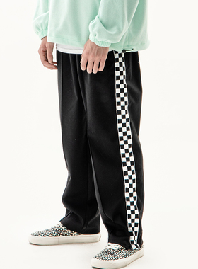 GETWITHIT棋盘格子拼接侧边织带拉链运动街舞宽松直筒垂坠感长裤