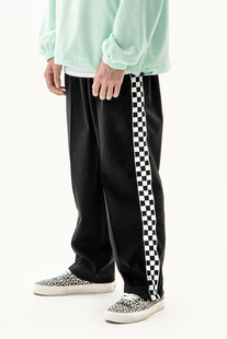 GETWITHIT棋盘格子拼接侧边织带拉链运动街舞宽松直筒垂坠感长裤