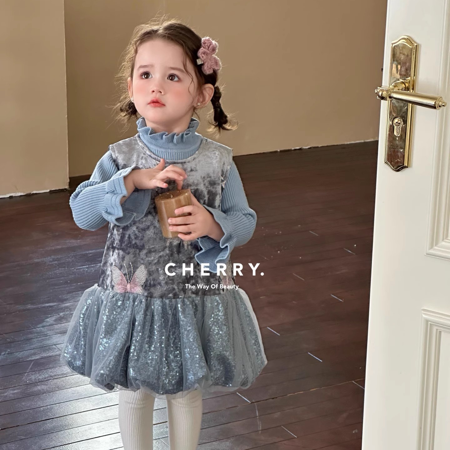 【正品现货】樱桃女童连衣裙2025冬装新款儿童洋气丝绒蝴蝶公主裙