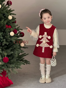 【正品现货】樱T女童加绒连衣裙套装秋冬装儿童装红色背心裙喜气