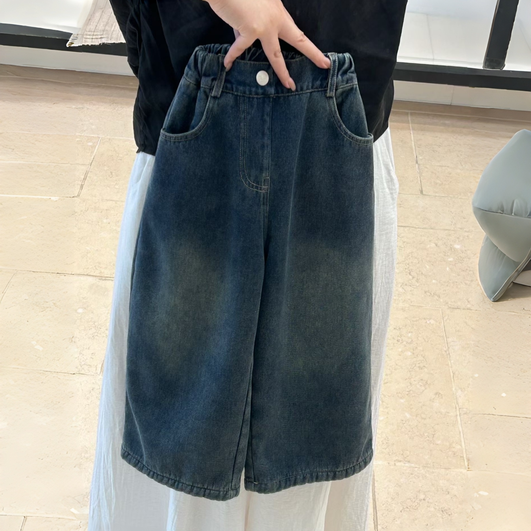 【正品现货】U拉男女童牛仔裤加绒2025冬装新款儿童洋气阔腿裤子