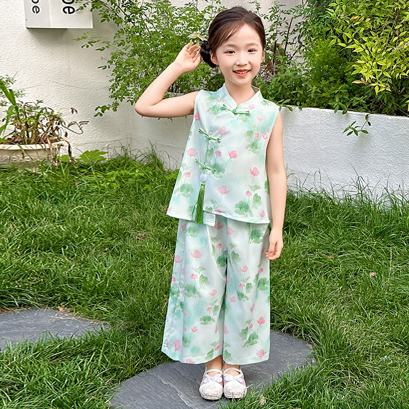 女童夏季新中式套装2025新款女大童夏装无袖阔腿裤汉服雪纺两件套