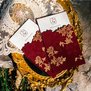 请帖结婚喜帖酒红丝绒布原创西式高端玫瑰轻奢高档请柬婚礼邀请函