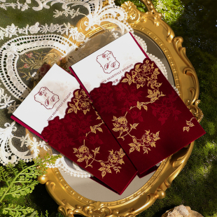 请帖结婚喜帖酒红丝绒布原创西式高端玫瑰轻奢高档请柬婚礼邀请函