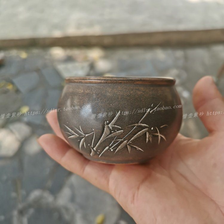 钦州泥坭兴陶圆形茶杯品茗主人水茶宠摆件