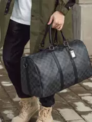 Korean version new men's large capacity short distance travel luggage bag trendy checkered handbag shoulder bag fitness bag