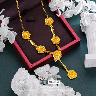 新中式沙金项链女配饰长款高级感轻奢小众玫瑰花蝴蝶仿真黄金套链
