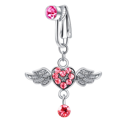 爱心翅膀粉色水钻免打孔肚脐扣