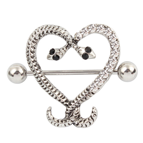 细杆乳钉蛇医用钛钢细针防过敏乳头穿刺爱心双蛇古色合金水钻乳环