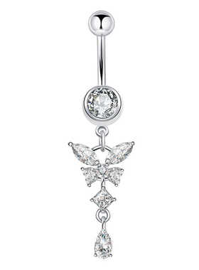 肚脐钉挂爆款蝴蝶锆石白色粗杆1.6mm防过敏医用不锈钢针穿刺脐环