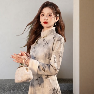 奥黛国风加绒加厚冬季连衣裙新中式长袖显瘦改良旗袍冬装气质裙子