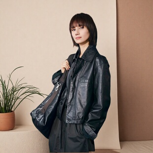 袁泉同款高级感初秋美式复古皮衣黑色绵羊皮夹克2025超火皮外套女