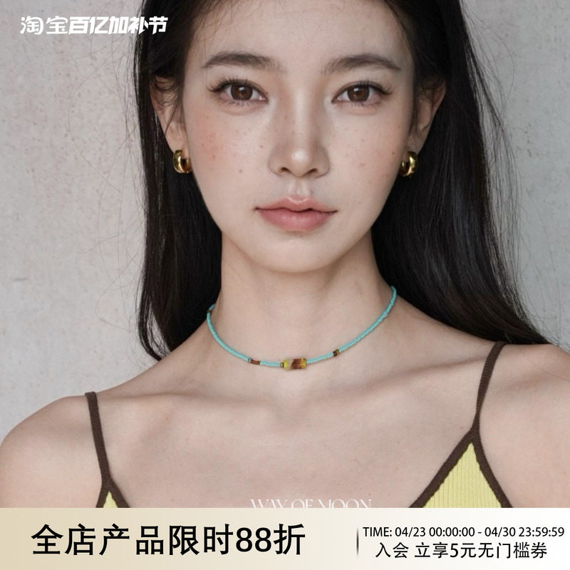 WAY OF MOON原创小众夏日蓝色精致蓝松石锁骨链帝王石串珠项链女