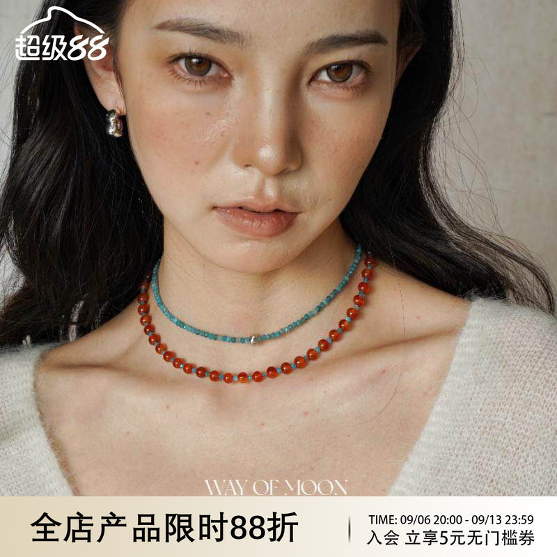 WAY OF MOON原创设计红蓝霓虹复古玛瑙小众项链叠戴串珠锁骨链女