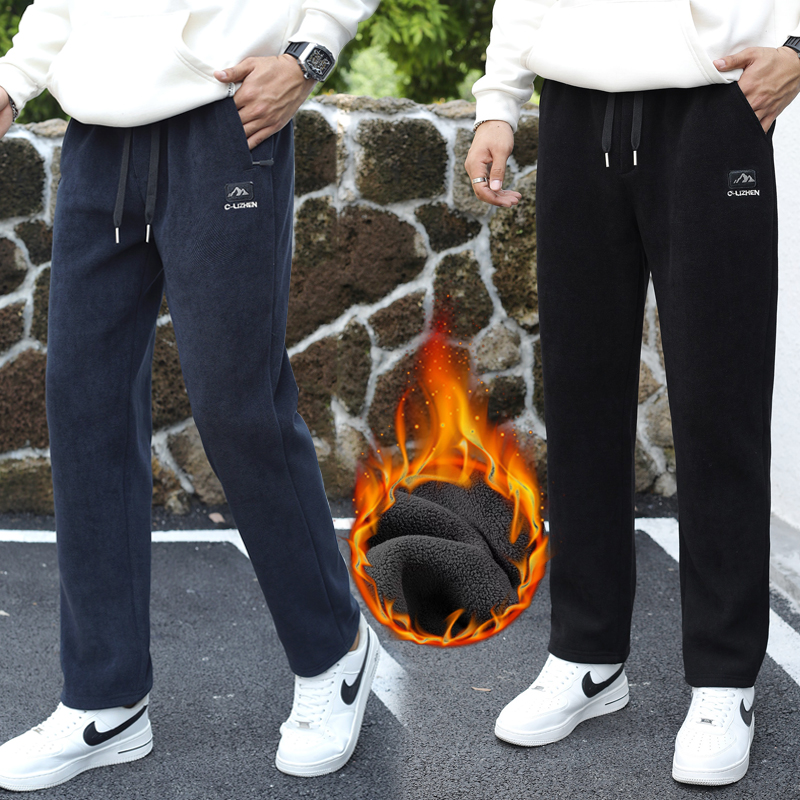 2025冬季新款宝石格加绒加厚男裤加厚宽松男士运动休闲保暖直筒裤