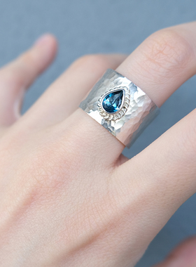 天然伦敦蓝托帕石手工花丝戒指