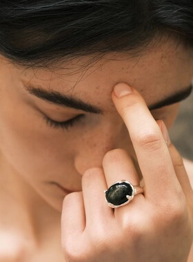 【森制SHINSEI官方】手工雕纹天然金沙黑曜石戒指 原创设计纯银饰