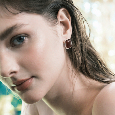 【森制SHINSEI官方】八角红玛瑙雕纹耳钉  原创设计纯银