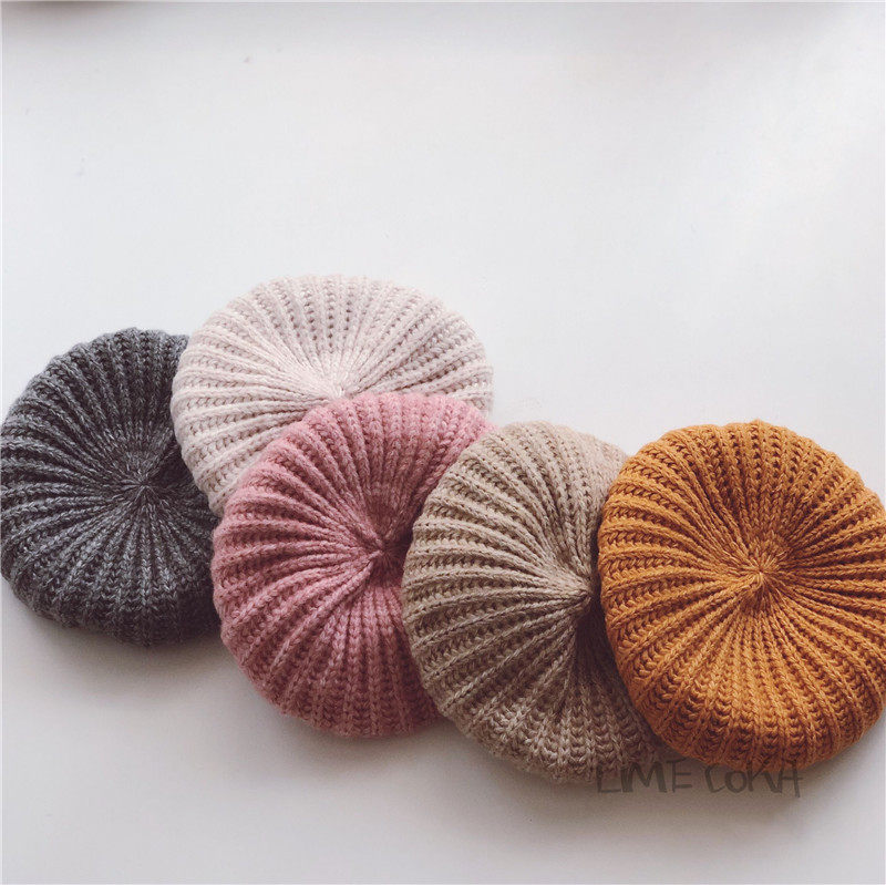 韩风手工编织竖条儿童毛线贝雷帽子秋冬宝宝南瓜帽