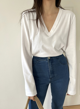 SOTHEA 叠穿神器 时髦复古运动风内搭V领设计厚款全棉落肩打底T恤