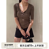 套头针织衫 SOTHEA 百搭上衣女 坑条修身 显瘦螺纹短袖 法式 U领夏季