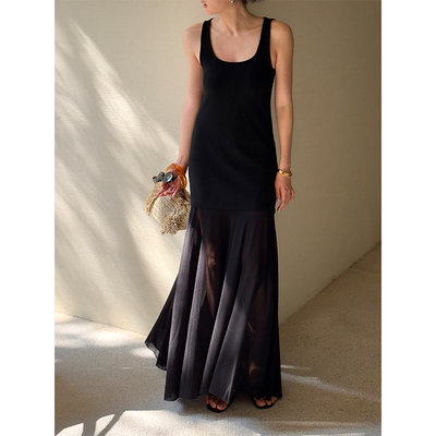 SOTHEA 假日系列 2025年夏季优雅方领拼接网纱针织背心长款连衣裙