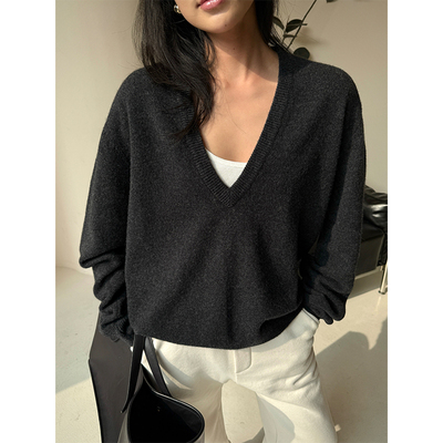 法式全羊毛V领宽松廓形套头毛衣
