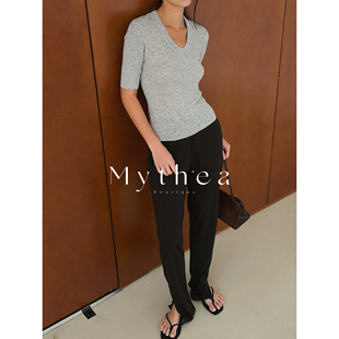 SOTHEA 極简设计脚口开衩橡筋抽绳腰显瘦直筒弹力慵懒休闲长裤