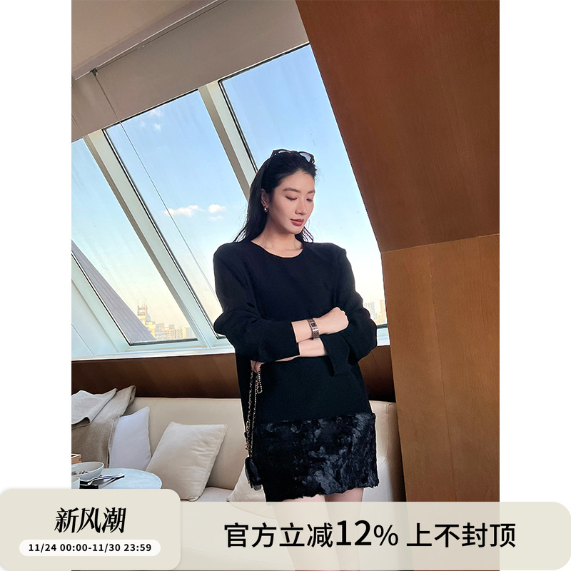 Du家卡丹绒拼接经典A型连衣裙