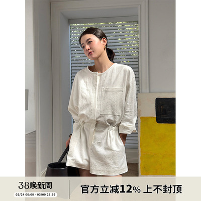 SOTHEA 老钱风 2026年圆领亚麻复古工装衬衫抽绳收腰连体裤连体衣