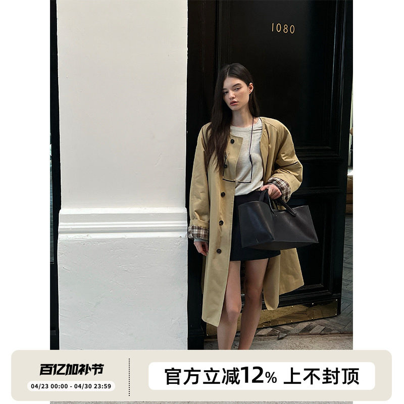 SOTHEA 静奢风秋冬经典格子夹棉内胆气质中长款无领风衣外套女