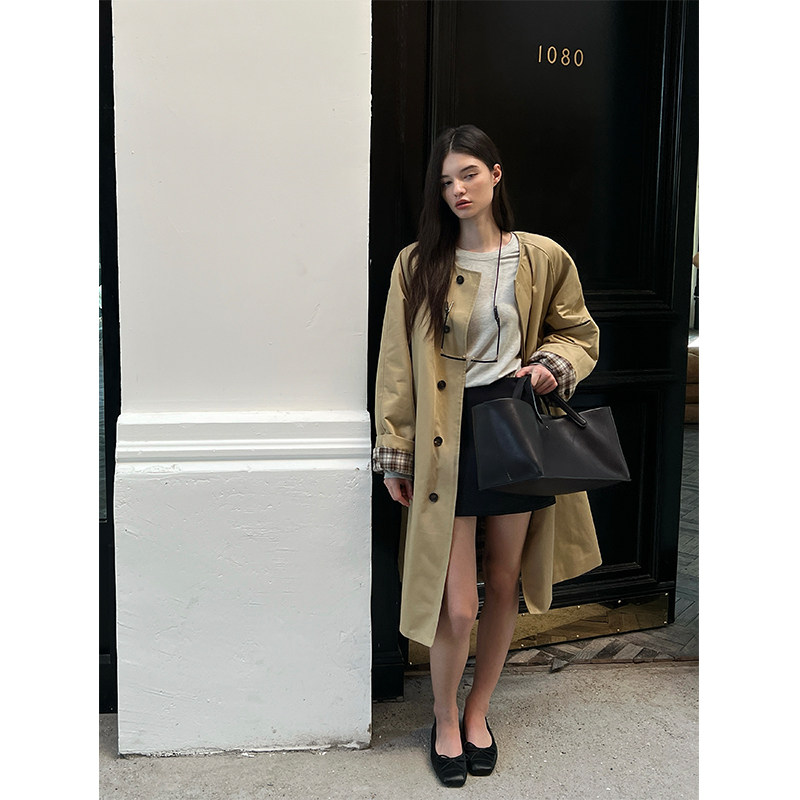 SOTHEA 静奢风秋冬经典格子夹棉内胆气质中长款无领风衣外套女