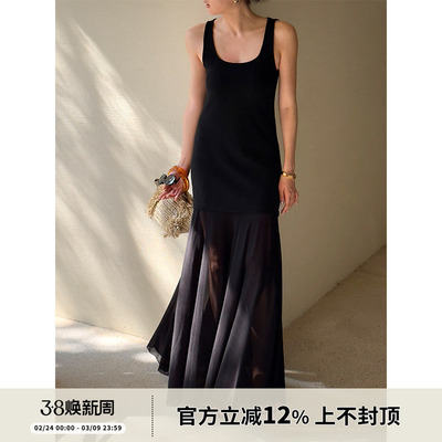 SOTHEA 假日系列 2025年夏季优雅方领拼接网纱针织背心长款连衣裙