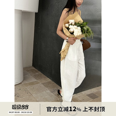 气质高腰休闲长裤微锥亚麻