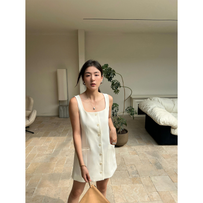 SOTHEA夏日all white简约美学大方领设计A字廓形醋酸马甲连衣裙女