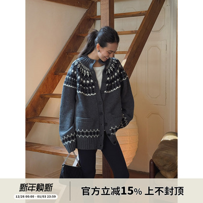 SOTHEA 北欧慵懒风-费尔岛提花立领含羊毛针织加厚秋冬毛衣外套