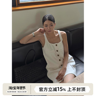 SOTHEA 法式优雅大U领牛仔吊带无袖露肩直筒高腰宽松夏季连衣裙