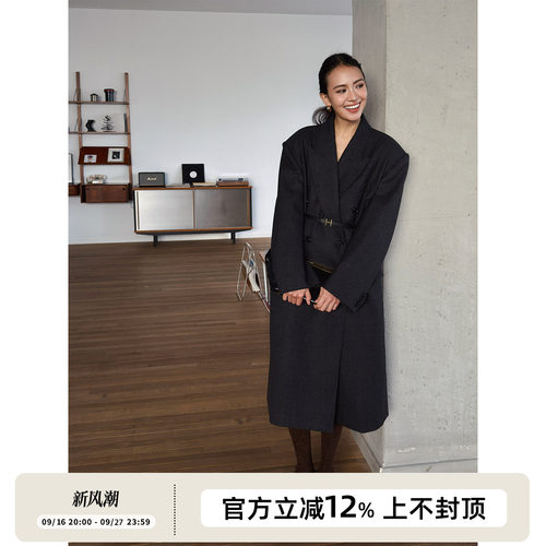 SOTHEA MODERN CHIC LADY全羊毛复古格纹双排扣西装呢子毛呢大衣